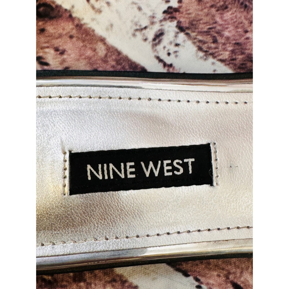 Nine West Womens Metallic Silver Slide Sandals Square Toe Flat H-Strap Mirror - Picture 12 of 13